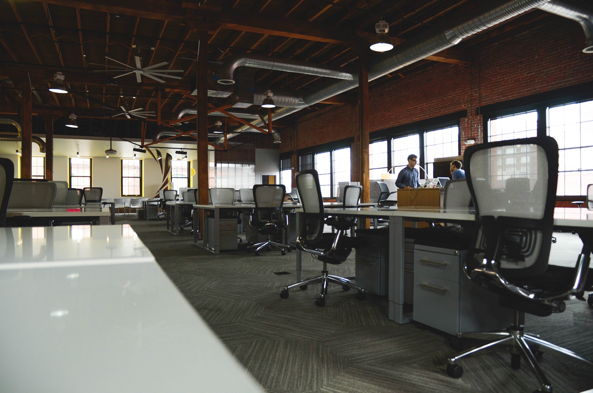 Open office plan with chairs and long tables