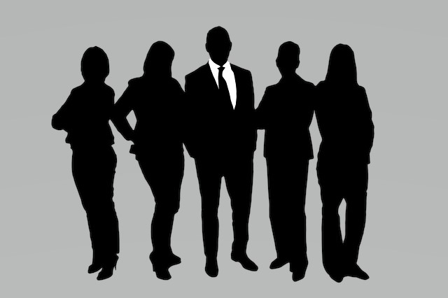 Silhouette of men and women standing in business attire