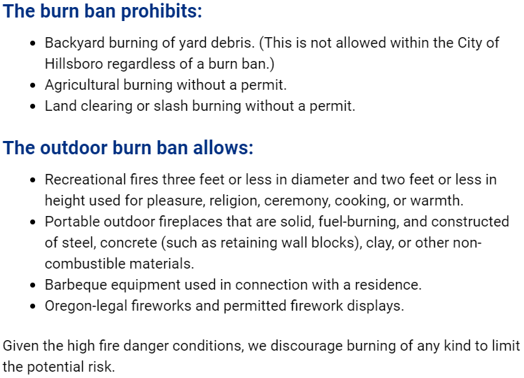 Burn Ban Summary Washington County Oregon